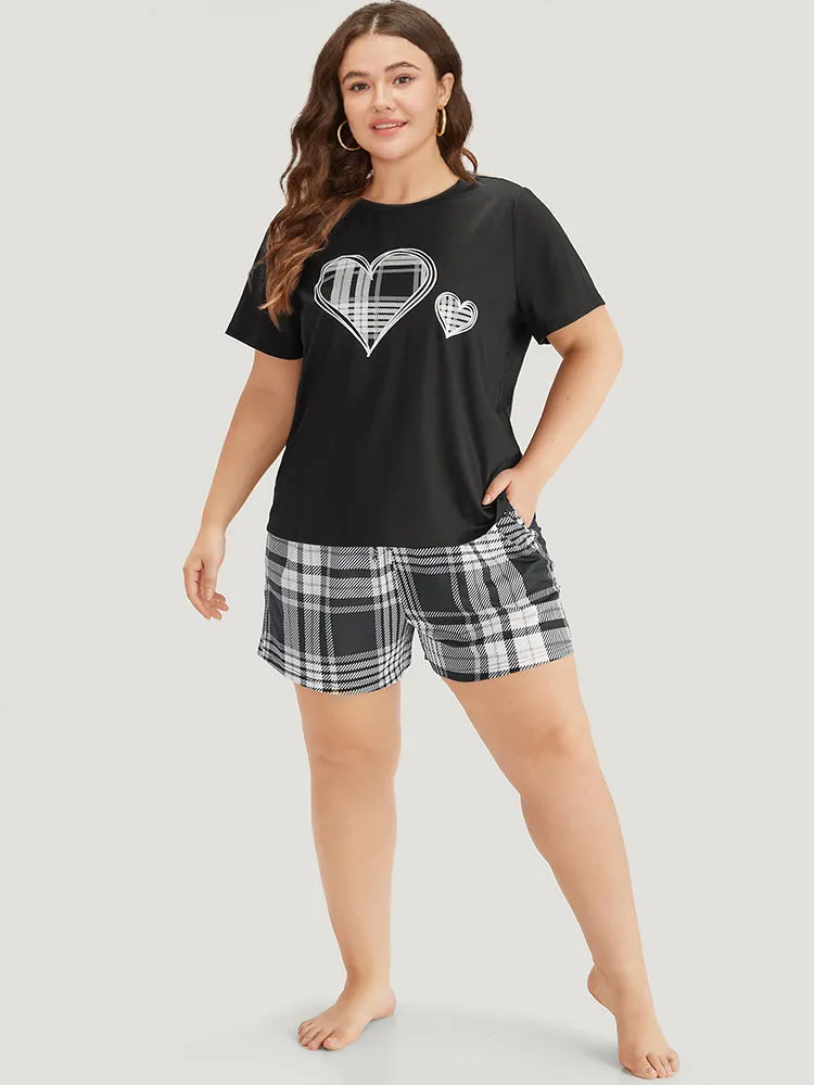Heart Print Plaid Contrast Crew Neck Sleep Top sold by Bloomchic product image thumbnail 4