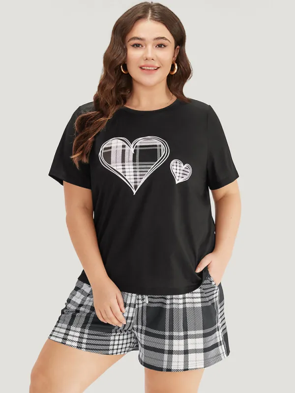 Heart Print Plaid Contrast Crew Neck Sleep Top sold by Bloomchic