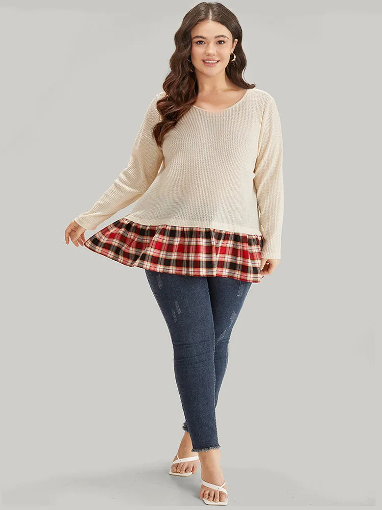 Plaid Patchwork Round Neck Flutter Hem T-shirt sold by Bloomchic product image thumbnail 5
