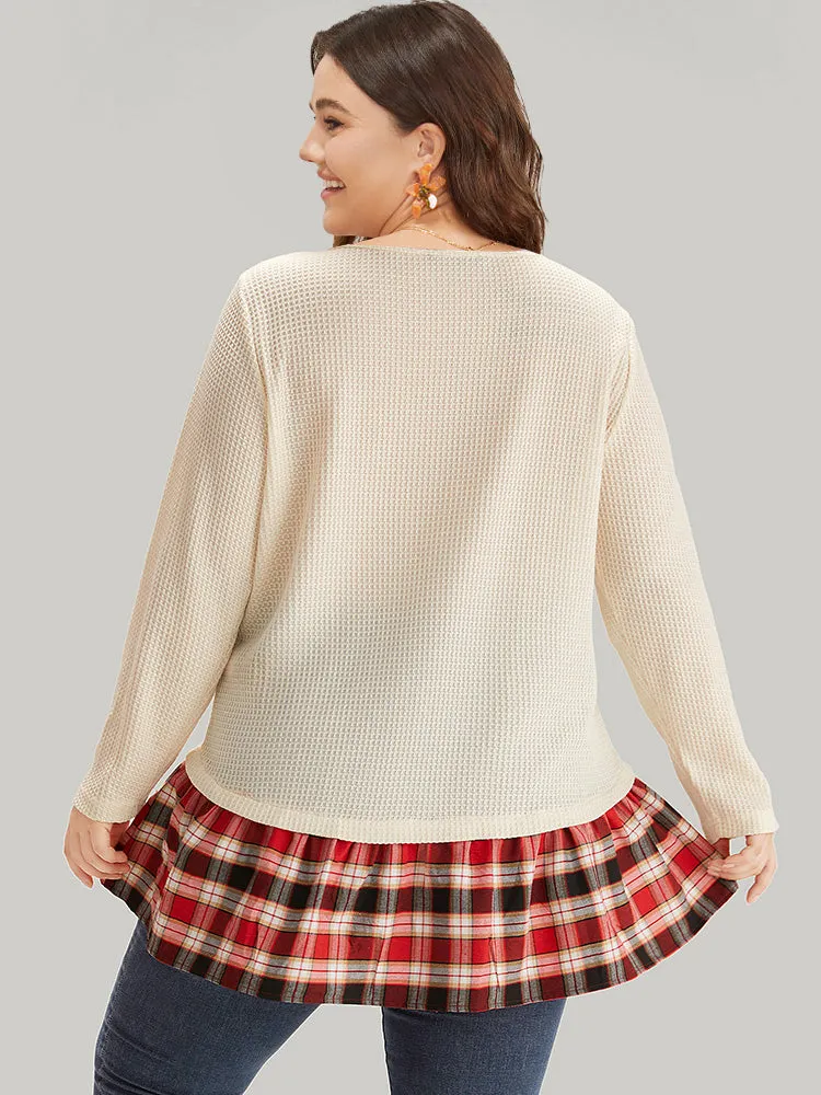 Plaid Patchwork Round Neck Flutter Hem T-shirt sold by Bloomchic product image thumbnail 4