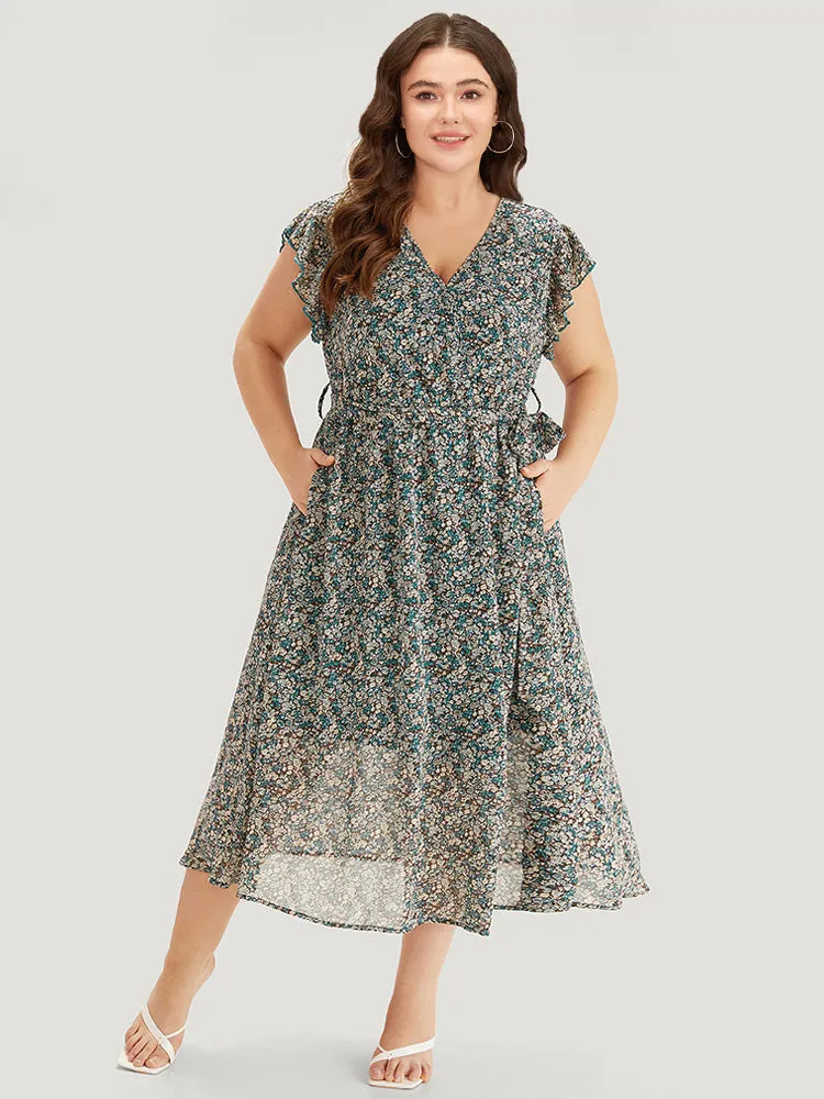 Ditsy Floral Surplice Neck Belted Flutter Sleeve Dress sold by Bloomchic product image thumbnail 4