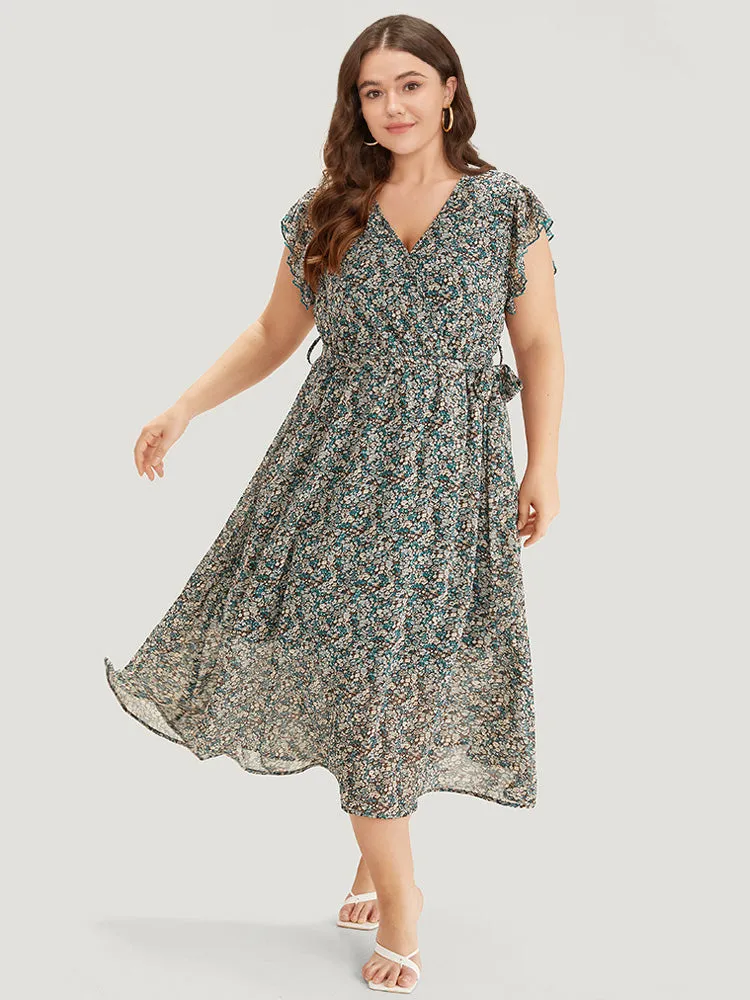 Ditsy Floral Surplice Neck Belted Flutter Sleeve Dress sold by Bloomchic