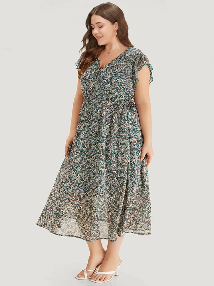 Ditsy Floral Surplice Neck Belted Flutter Sleeve Dress sold by Bloomchic product image thumbnail 2