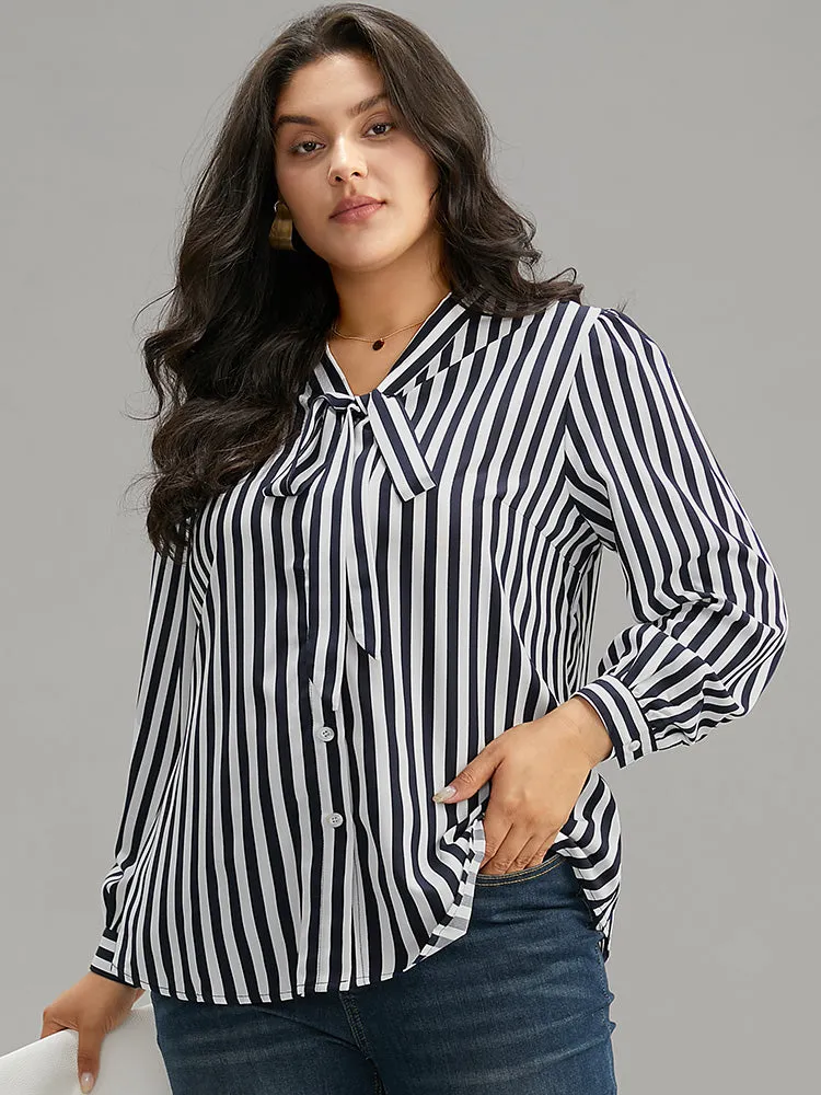 Striped Bowknot V Neck Curved Hem Woven Top sold by Bloomchic