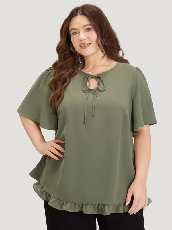 Plain Ruffle Sleeve Knot Neck Frill Trim Woven Top sold by Bloomchic