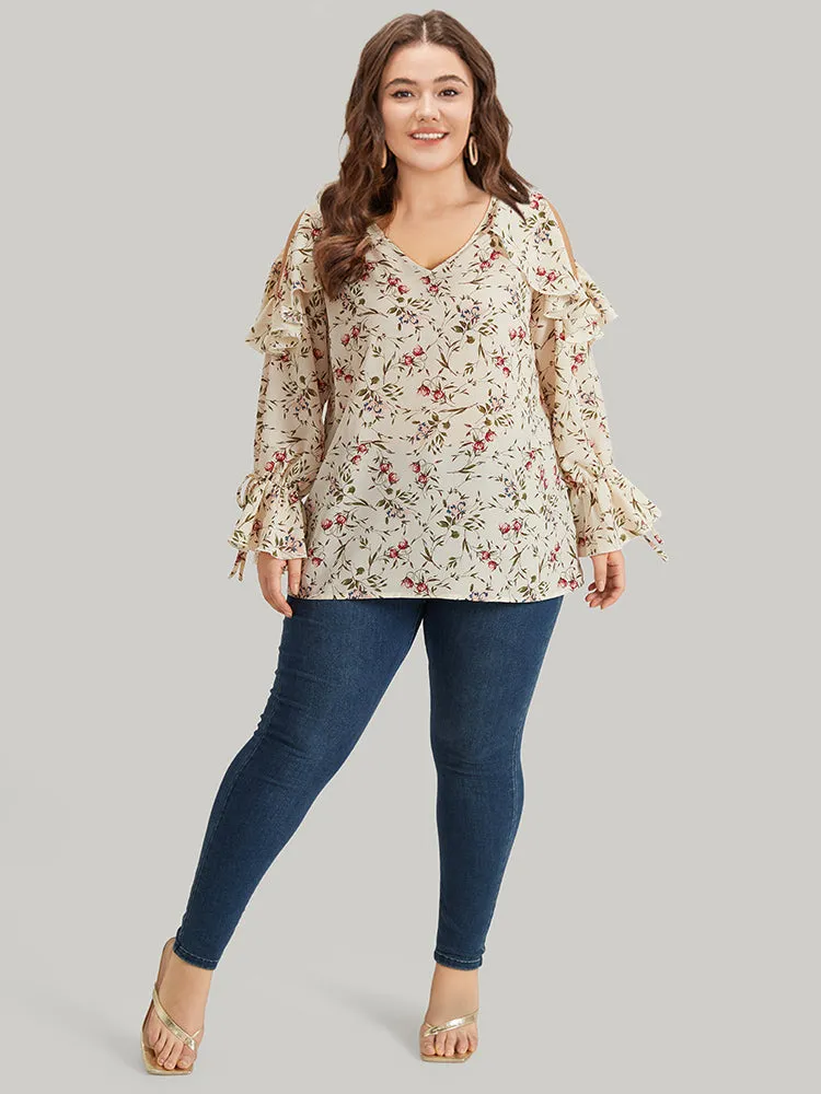 Ditsy Floral Cold Shoulder Ties Ruffle Trim Blouse sold by Bloomchic product image thumbnail 3
