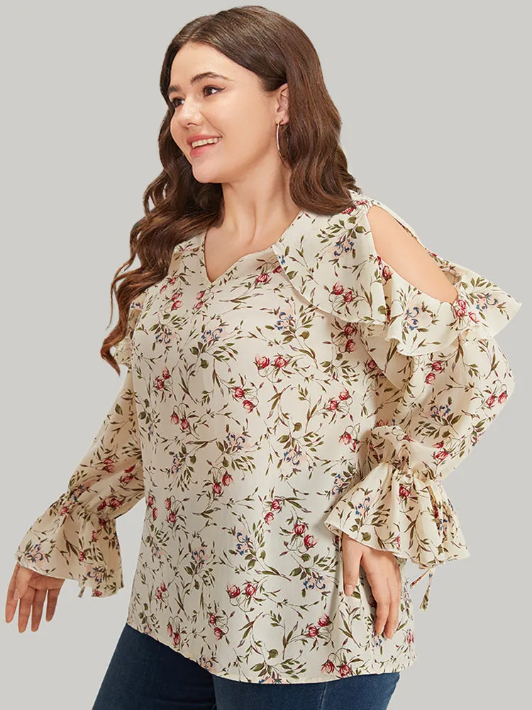 Ditsy Floral Cold Shoulder Ties Ruffle Trim Blouse sold by Bloomchic product image thumbnail 2