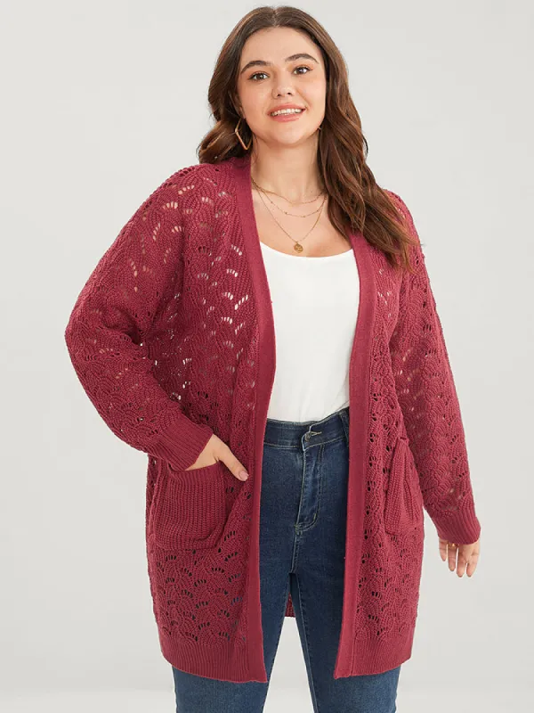 Plain Pointelle Knit Cut Out Pocket Open Front Mid Long Cardigan sold by Bloomchic