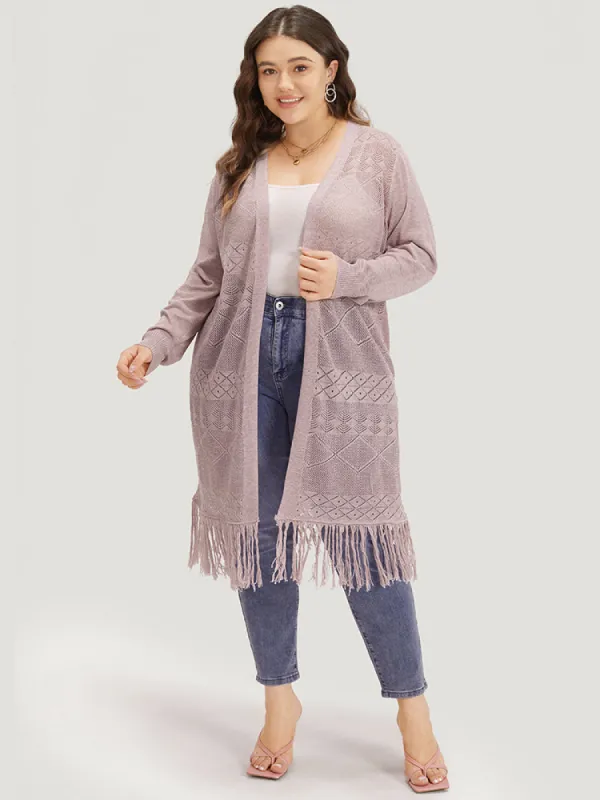 Geometric Eyelet Fringe Trim Open Front Cardigan sold by Bloomchic