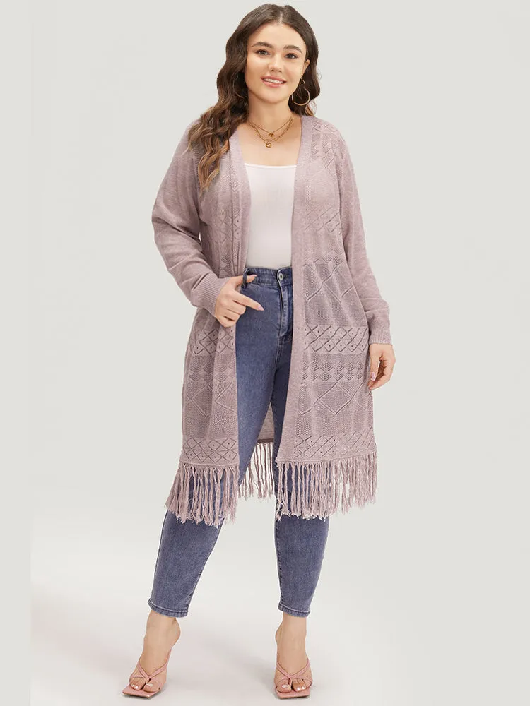 Geometric Eyelet Fringe Trim Open Front Cardigan sold by Bloomchic product image thumbnail 4