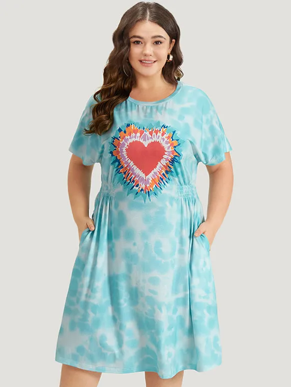 Tie Dye Heart Print Shirred Batwing Sleeve Dress sold by Bloomchic