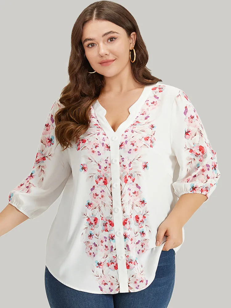Floral Print Button Detail Notched Lantern Sleeve Blouse sold by Bloomchic