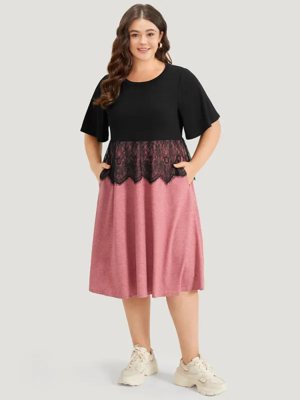 Supersoft Essentials Colorblock Contrast Guipure Lace Flutter Sleeve Dress sold by Bloomchic