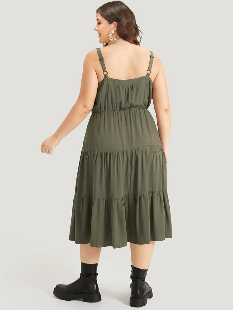 Solid Button Detail Pocket Ruffle Layered Hem Cami Dress sold by Bloomchic product image thumbnail 3