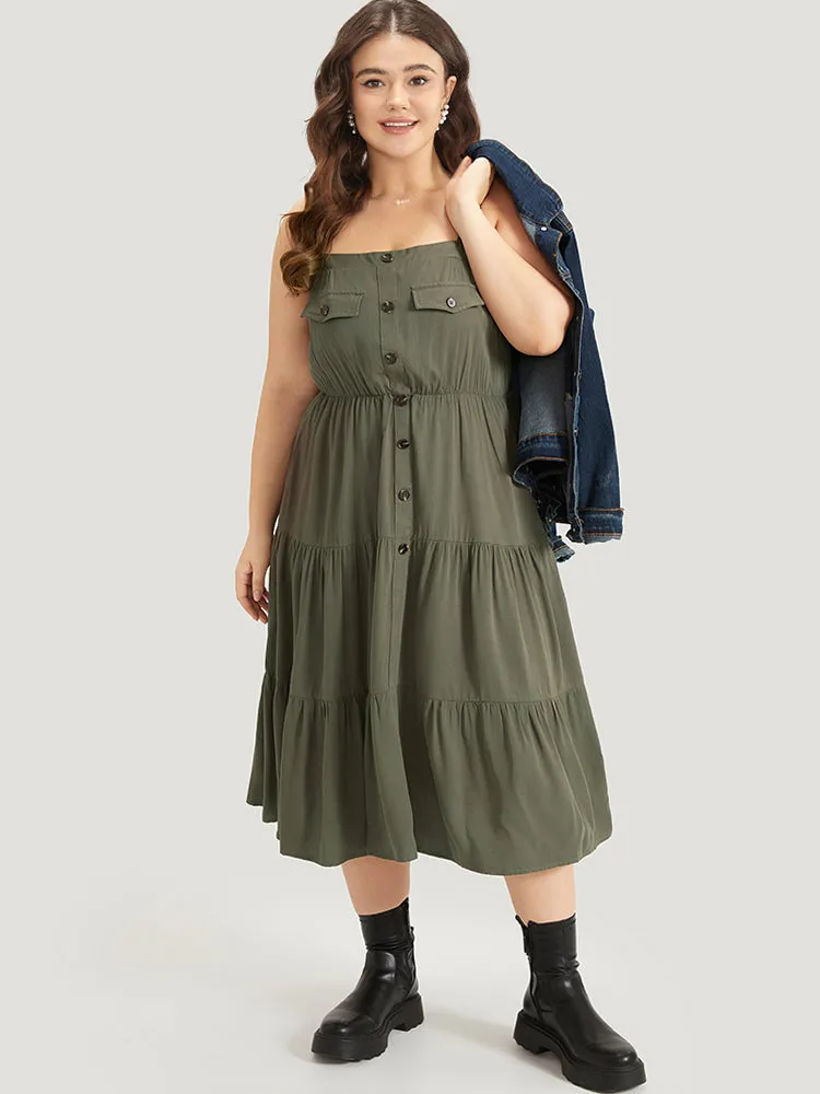 Solid Button Detail Pocket Ruffle Layered Hem Cami Dress sold by Bloomchic product image thumbnail 4