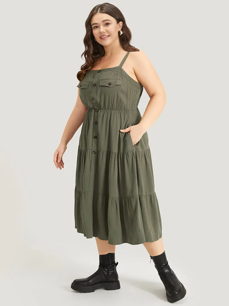 Solid Button Detail Pocket Ruffle Layered Hem Cami Dress sold by Bloomchic product image thumbnail 2