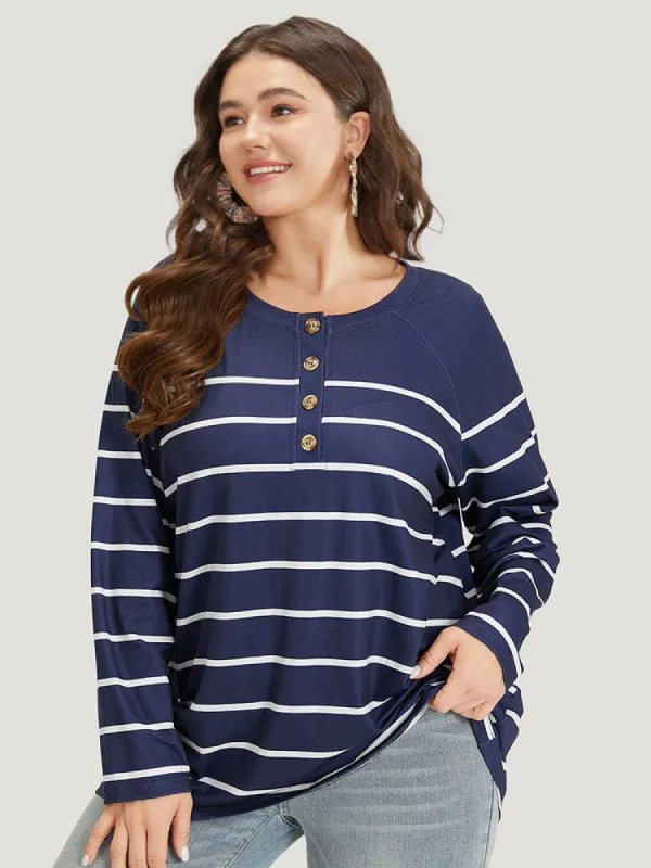 Striped Button Up Crew Neck Raglan Sleeve T-shirt sold by Bloomchic