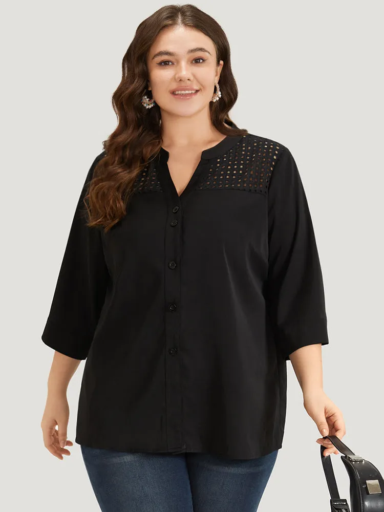 Anti-Wrinkle Solid Button Through Notched Cut Out Blouse sold by Bloomchic product image thumbnail 2