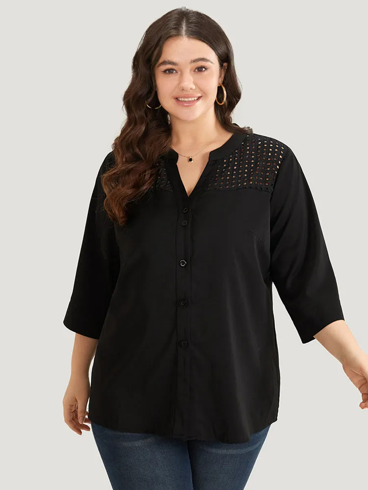 Anti-Wrinkle Solid Button Through Notched Cut Out Blouse sold by Bloomchic