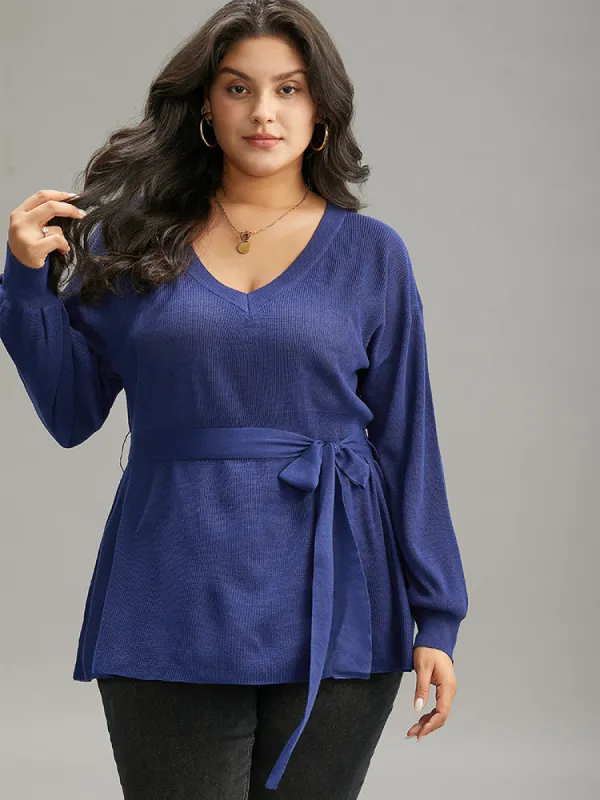 Plain Lantern Sleeve Belted Bodycon Drop Shoulder Pullover sold by Bloomchic