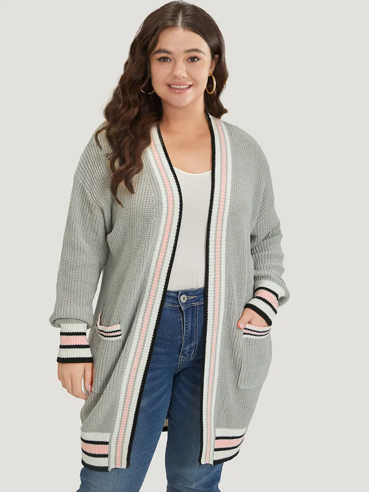 Striped Contrast Drop Shoulder Elastic Cuffs Cardigan sold by Bloomchic