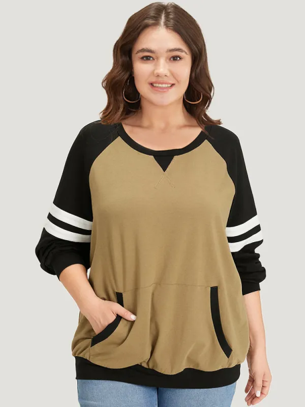 Contrast Patchwork Pocket Stitch Raglan Sleeve Sweatshirt sold by Bloomchic