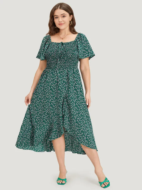 Ditsy Floral Shirred Bowknot Pocket Wrap Hem Dress sold by Bloomchic
