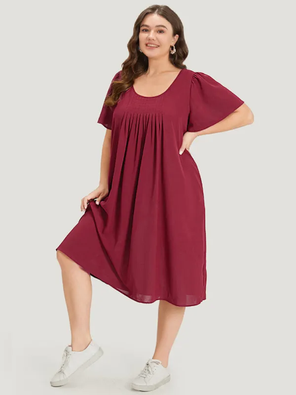 Plain Plicated Detail Round Neck Ruffle Sleeve Dress sold by Bloomchic