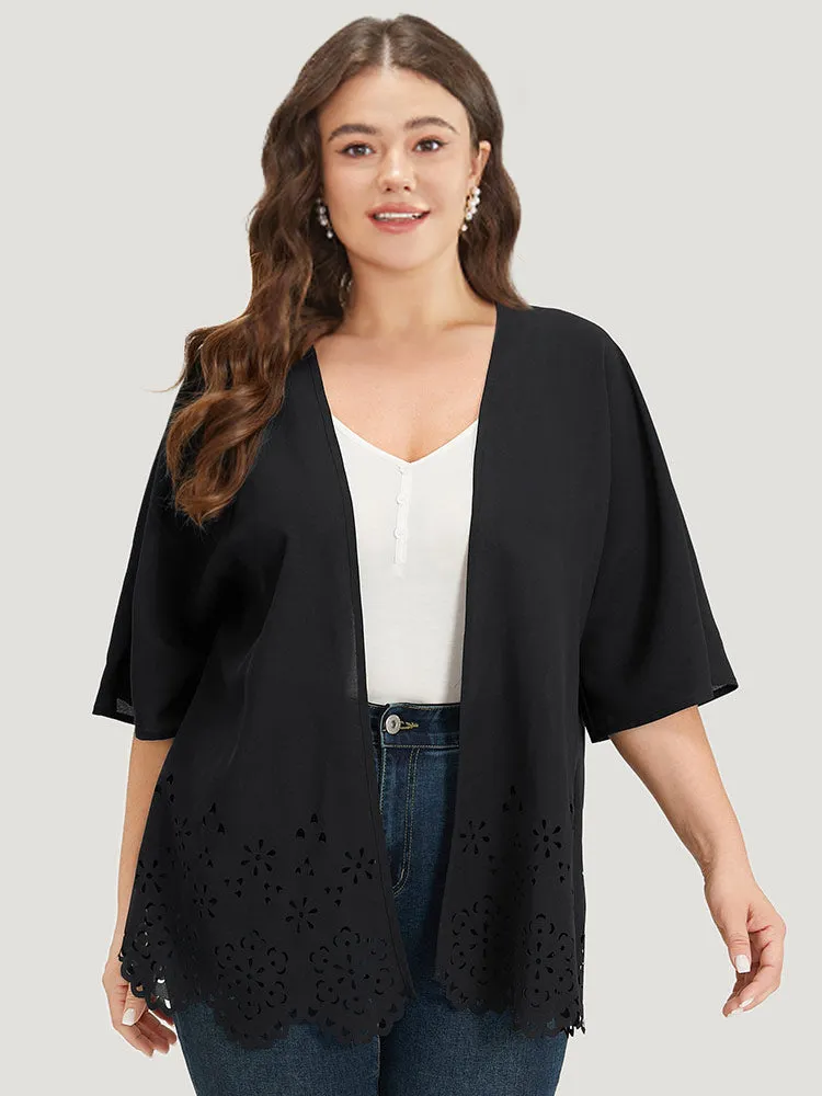 Plain Laser Cut Open Front Scalloped Trim Kimono sold by Bloomchic