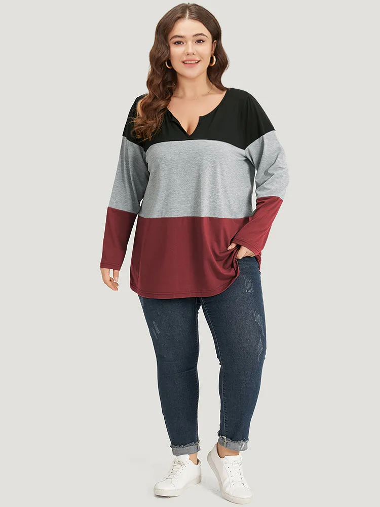Colorblock Contrast Notched Long Sleeve T-shirt sold by Bloomchic product image thumbnail 5