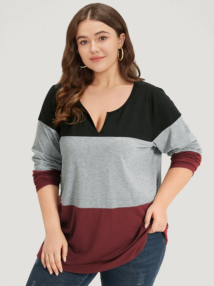 Colorblock Contrast Notched Long Sleeve T-shirt sold by Bloomchic product image thumbnail 2