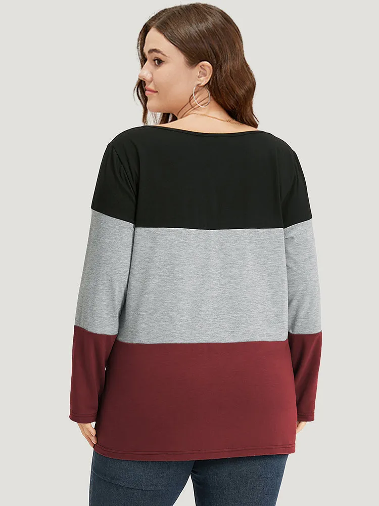 Colorblock Contrast Notched Long Sleeve T-shirt sold by Bloomchic product image thumbnail 4