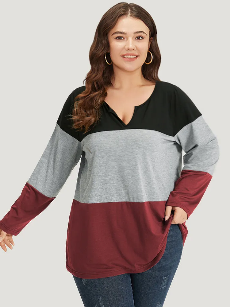 Colorblock Contrast Notched Long Sleeve T-shirt sold by Bloomchic