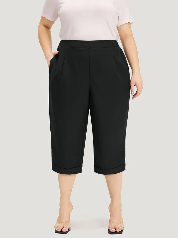 Plain Pocket Elastic Waist Pleated Cropped Pants sold by Bloomchic