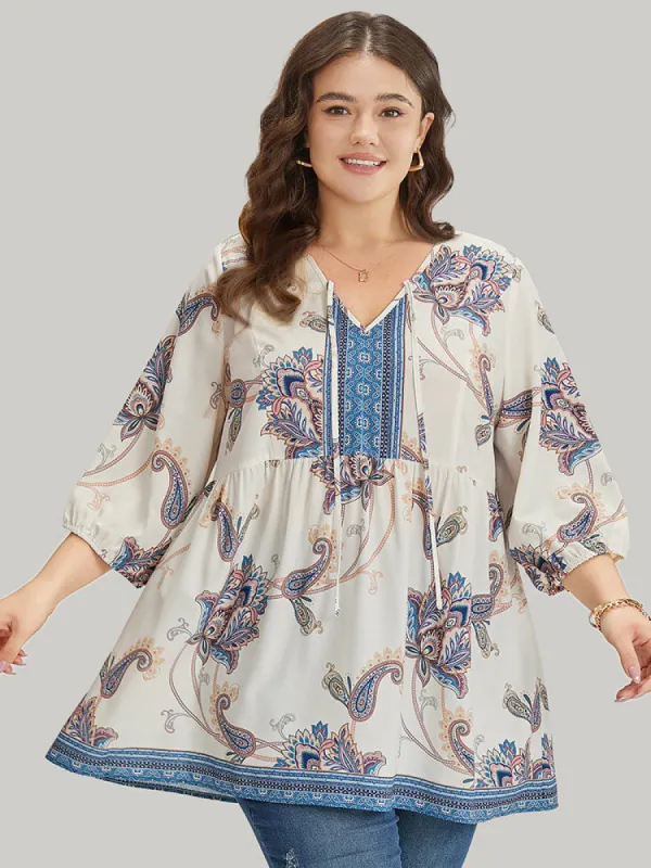 Bandana & Paisley Print Tie Neck Lantern Sleeve Blouse sold by Bloomchic
