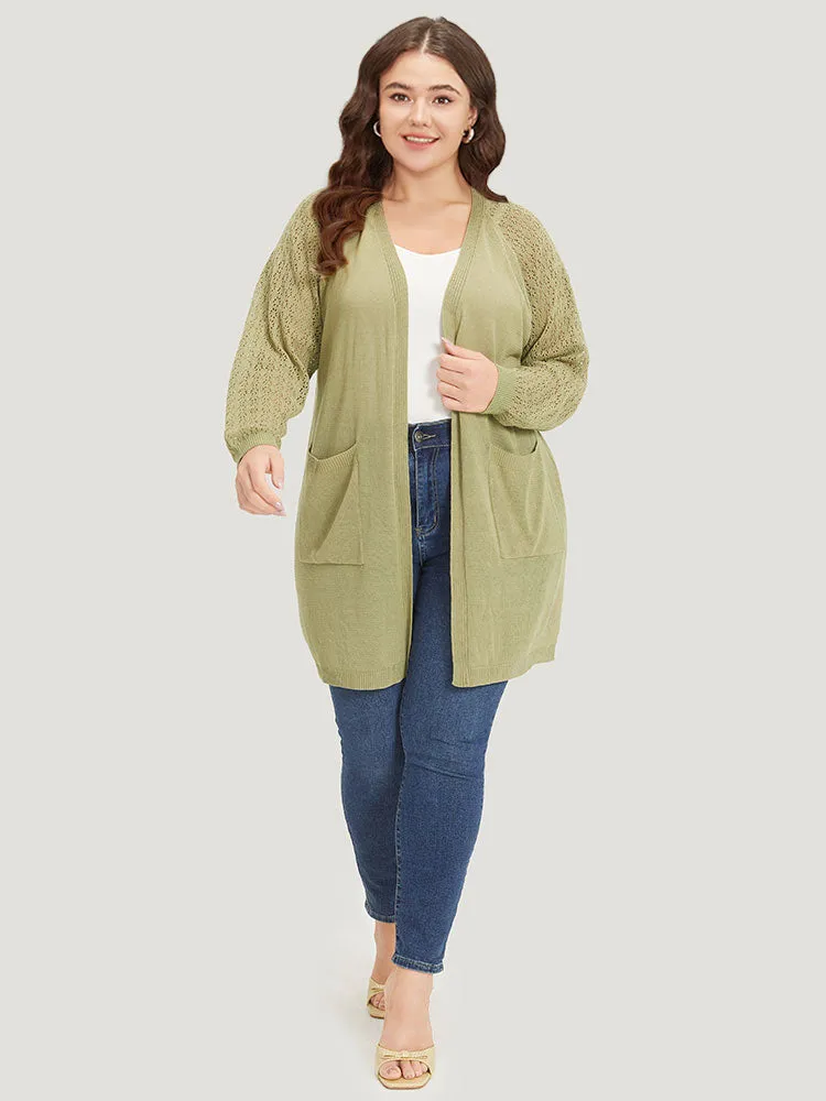 Solid Patched Pocket Geometric Eyelet Raglan Sleeve Cardigan sold by Bloomchic product image thumbnail 4