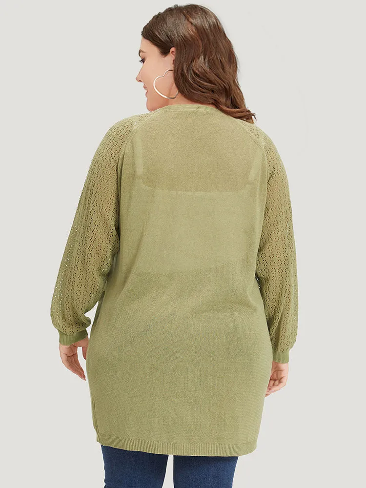 Solid Patched Pocket Geometric Eyelet Raglan Sleeve Cardigan sold by Bloomchic product image thumbnail 2