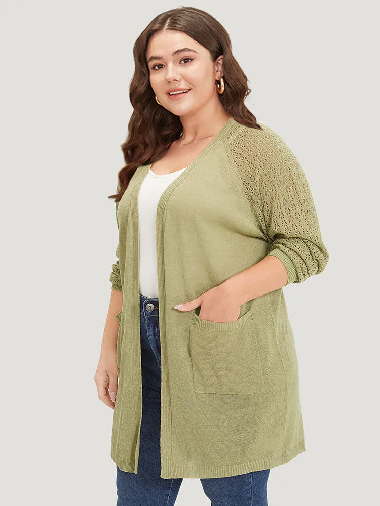 Solid Patched Pocket Geometric Eyelet Raglan Sleeve Cardigan sold by Bloomchic product image thumbnail 3