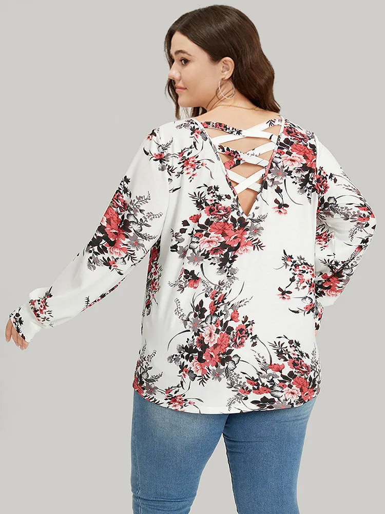 Floral Print Crew Neck Crisscross Sweatshirt sold by Bloomchic