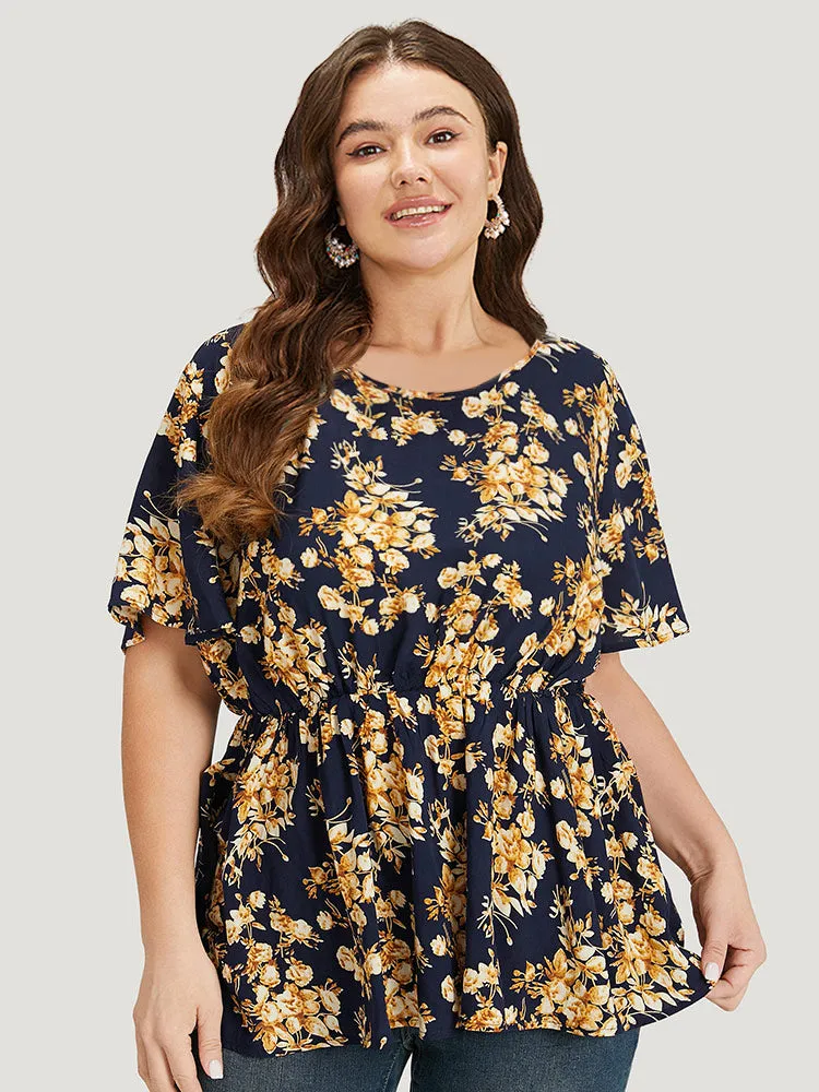 Floral Print Flutter Sleeve Elastic Waist Blouse sold by Bloomchic