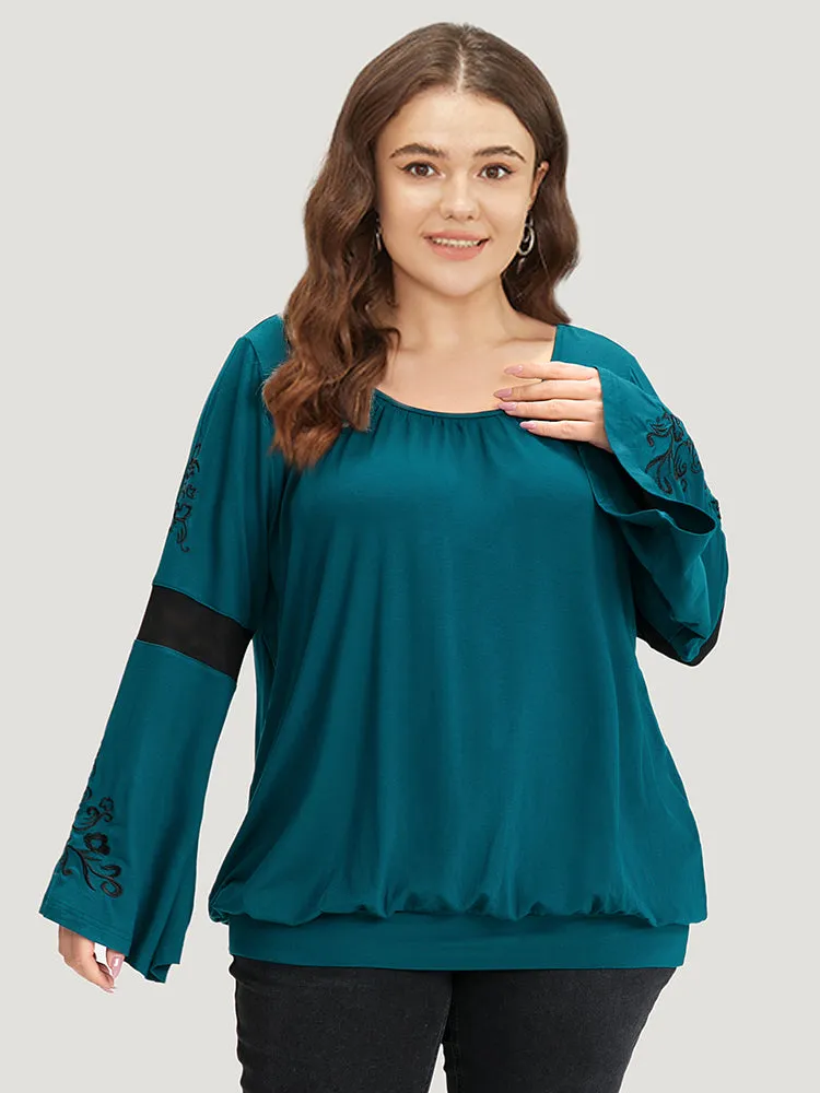 Supersoft Essentials Floral Embroidered Patchwork Bell Sleeve T-shirt sold by Bloomchic