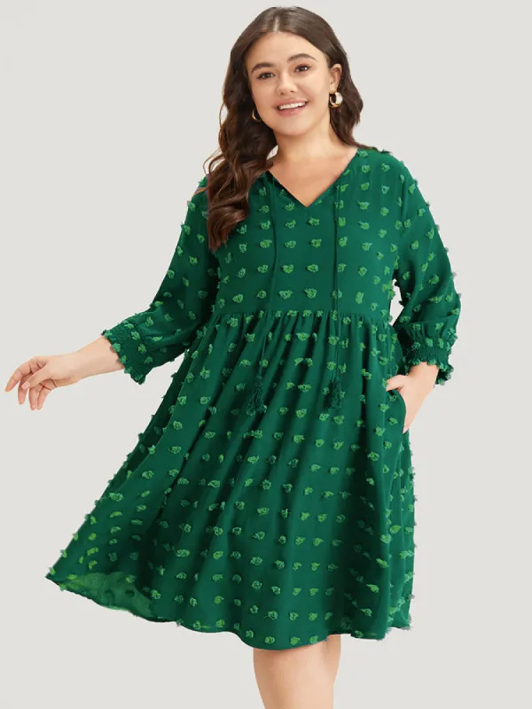 Polka Dot Tassels Ties Shirred Cuffs Pocket Dress sold by Bloomchic