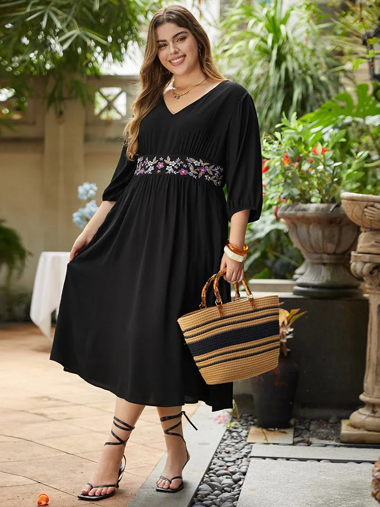 Floral Embroidered Patchwork Pocket Elastic Cuffs Dress sold by Bloomchic