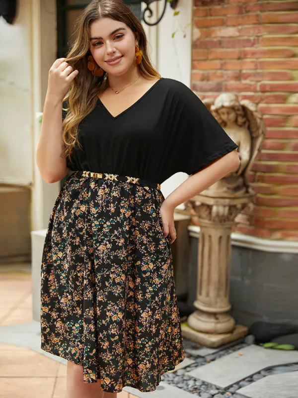 Ditsy Floral Patchwork Pocket Batwing Sleeve Dress sold by Bloomchic