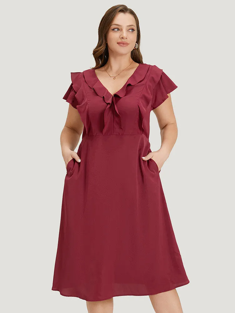 Plain Ruffle Trim Pocket Cap Sleeve Midi Dress sold by Bloomchic