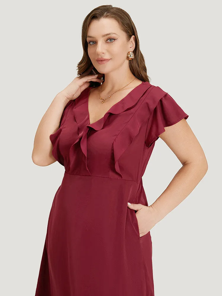Plain Ruffle Trim Pocket Cap Sleeve Midi Dress sold by Bloomchic product image thumbnail 2