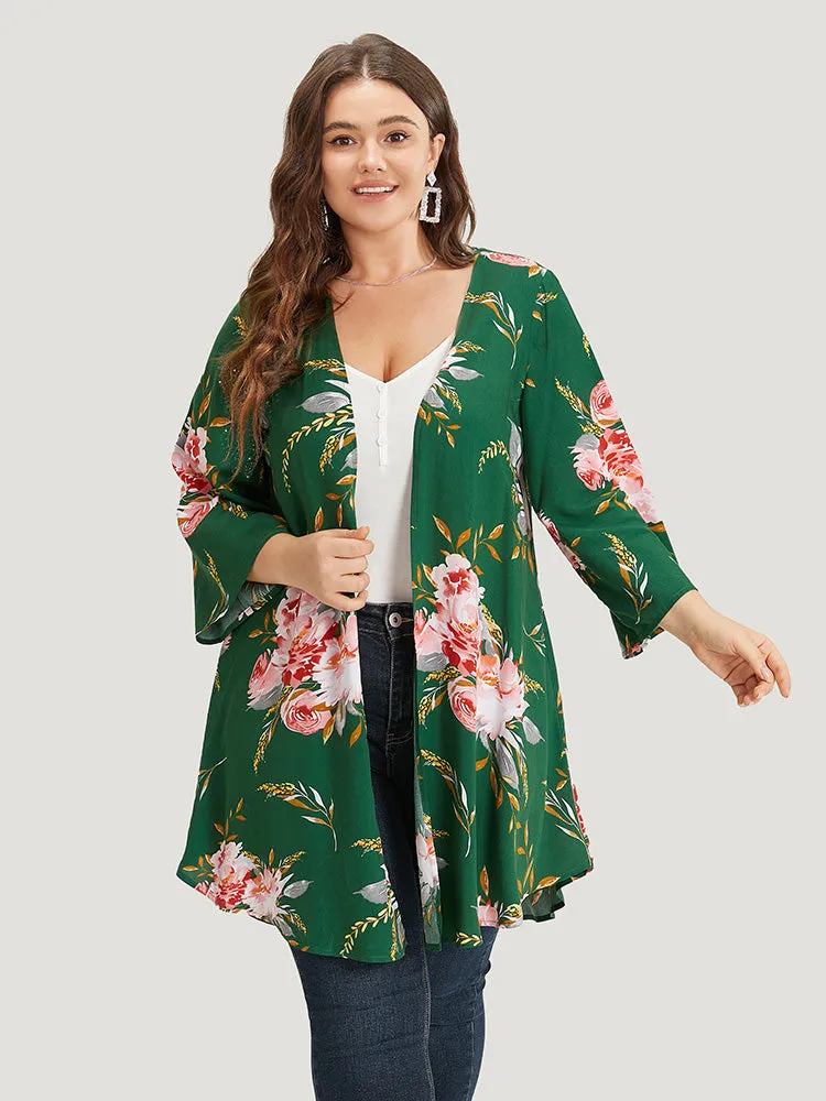 Floral Print Open Front Asymmetrical Hem Kimono sold by Bloomchic