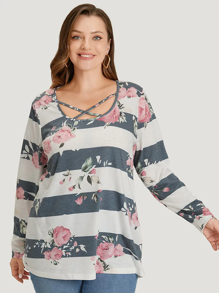 Floral Striped Patchwork Crisscross T-shirt sold by Bloomchic product image thumbnail 4