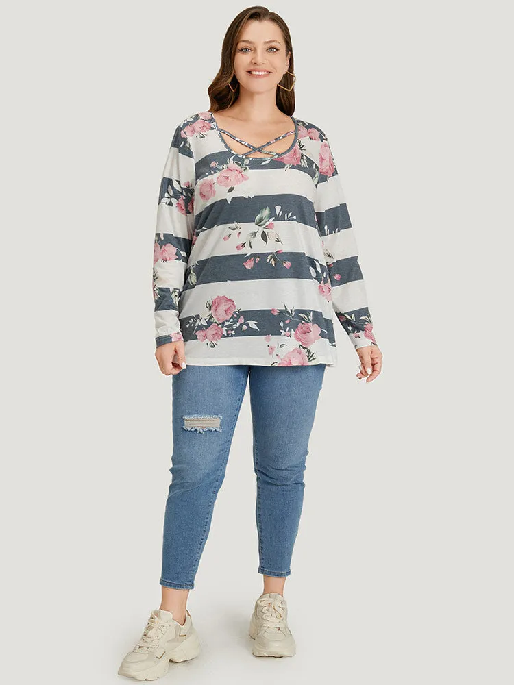 Floral Striped Patchwork Crisscross T-shirt sold by Bloomchic product image thumbnail 5