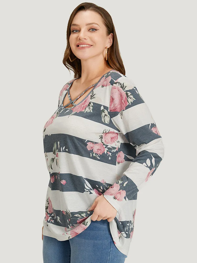 Floral Striped Patchwork Crisscross T-shirt sold by Bloomchic product image thumbnail 3